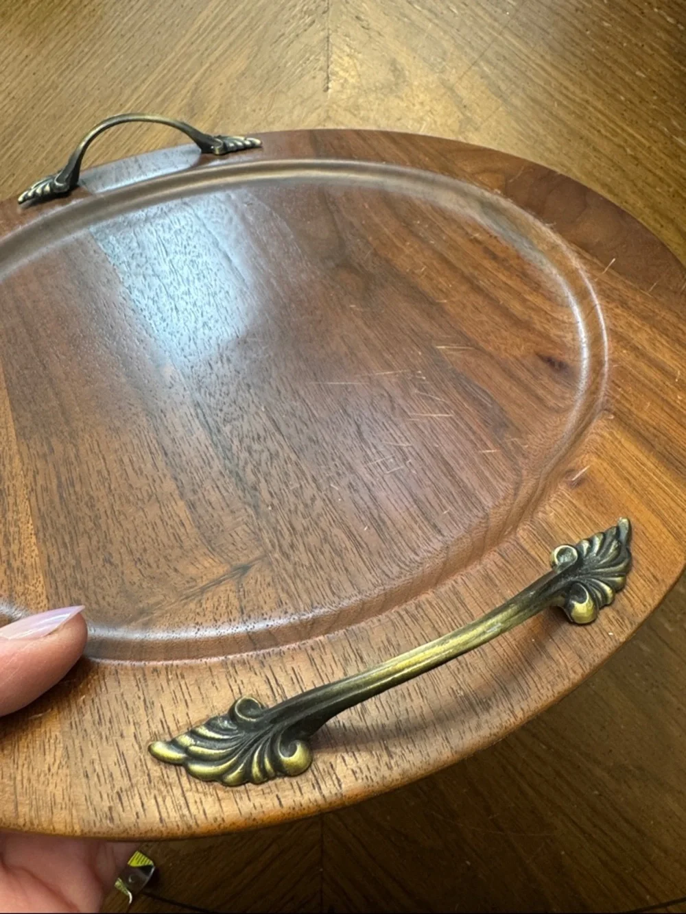 Ozark Walnutware Solid Walnut Round Wood Serving Tray Brass Leaf Handles Vintage
